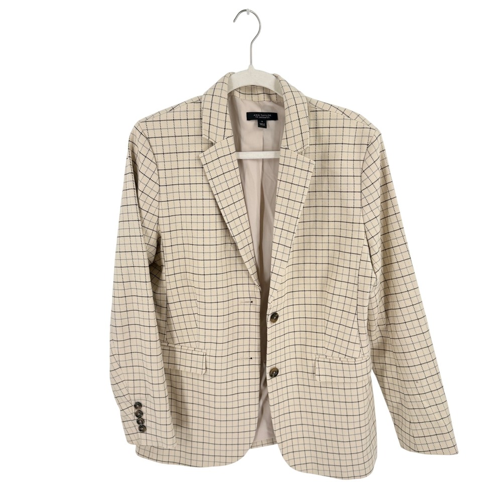 Ann Taylor The Greenwich Blazer‎ Ivory 10 Plaid Chic Minimalist Preppy Old Money